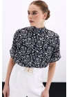 Kısa Kol Desenli Bluz - Siyah