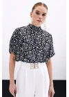 Kısa Kol Desenli Bluz - Siyah