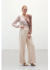 Bel Aksesuarlı Bol Paça Pantolon - Taş