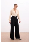 Bel Aksesuarlı Bol Paça Pantolon - SİYAH