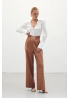 Bel Aksesuarlı Bol Paça Pantolon - Camel