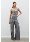 Kemerli Payet Pantolon - Gümüş