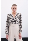 Desenli Crop Bluz - Bej