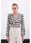 Desenli Crop Bluz - Bej