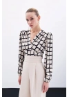 Desenli Crop Bluz - Bej