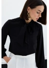 Yakası Bağlamalı Düz Gömlek - Siyah