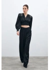 Pileli Saten Krep Pantolon - Siyah