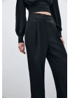 Pileli Saten Krep Pantolon - Siyah