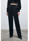 Pileli Saten Krep Pantolon - Siyah