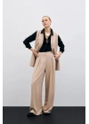 Yüksek Bel Bol Paça Pantolon - Bej