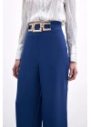 Bel Kemerli Saten Krep Pantolon - Lacivert