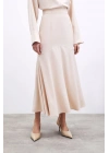 Kesik Detaylı Saten Etek - Bej