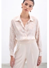 Desenli Saten Gömlek - Bej