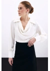 Degaje Yaka İncili Salaş Bluz - Ekru