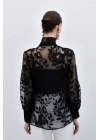 Fularlı Çiçek Desenli Gömlek - Siyah