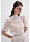 Organze Kısa Kol Bluz - Bej