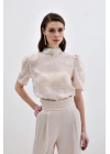 Organze Kısa Kol Bluz - Bej