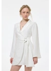 Kruvaze Bağlamalı Dokulu Mini Elbise Ekru
