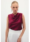 Degaje Yaka Saten Bluz - Bordo