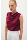 Degaje Yaka Saten Bluz - Bordo