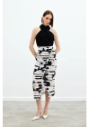 Desenli Keten Kalem Etek - Siyah