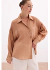 Düğme Aksesuarlı İnce Gömlek - Camel