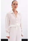 Düğme Aksesuarlı İnce Gömlek - Ekru