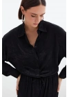 Jakarlı Saten Gömlek - Siyah