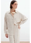 Jakarlı Saten Gömlek - Bej