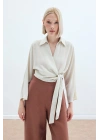 Bağlamalı Keten Bluz - Bej