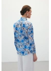 Desenli Fular Yaka Gömlek - Mavi