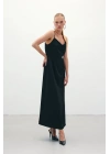 Askılı Uzun Saten Elbise - Siyah