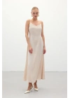 Askılı Uzun Saten Elbise - Bej