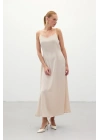 Askılı Uzun Saten Elbise - Bej