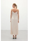 Askılı Uzun Saten Elbise - Bej