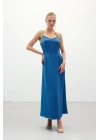 Askılı Uzun Saten Elbise - Sax Mavi