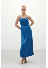 Askılı Uzun Saten Elbise - Sax Mavi