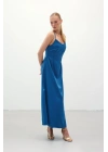 Askılı Uzun Saten Elbise - Sax Mavi