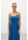 Askılı Uzun Saten Elbise - Sax Mavi