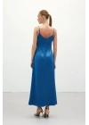 Askılı Uzun Saten Elbise - Sax Mavi