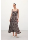 Kare Yaka Zebra Desenli Elbise - Kahve