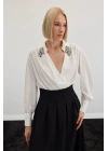 Aksesuar Detaylı Bodysuit Bluz - Ekru
