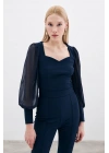 Balon Kol Crop Bluz - LACİVERT
