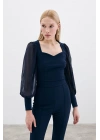 Balon Kol Crop Bluz - LACİVERT