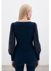 Balon Kol Crop Bluz - LACİVERT
