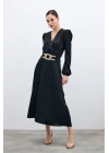 Bel Aksesuarlı Saten Krep Etek - Siyah
