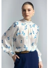 Çiçek Desenli Bluz - İndigo