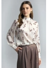 Çiçek Desenli Bluz - Kahve