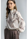 Çiçek Desenli Bluz - Kahve