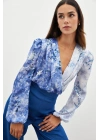 Çiçek Desenli Bodysuit Bluz - İNDİGO